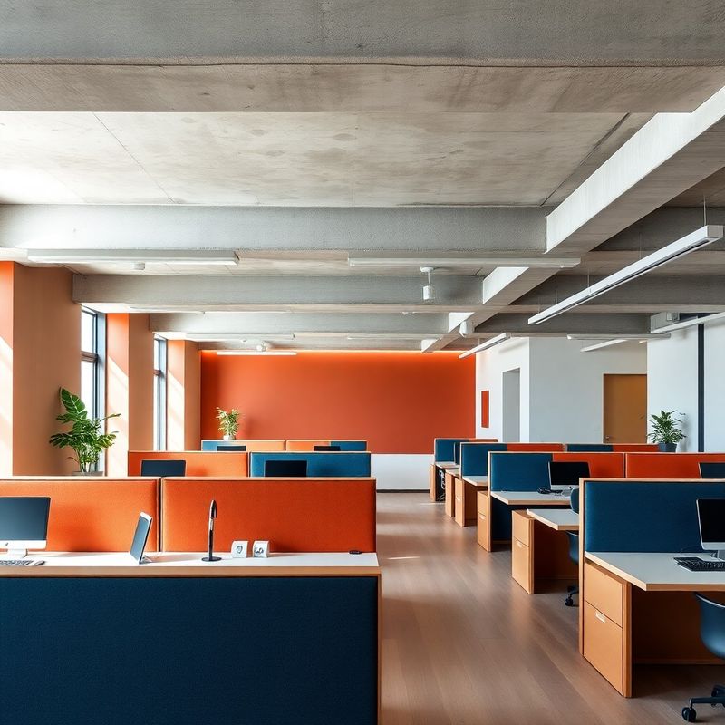 Interno moderno dell'ufficio Studio Romano a Brescia con soffitto in cemento e accenti terracotta e indigo